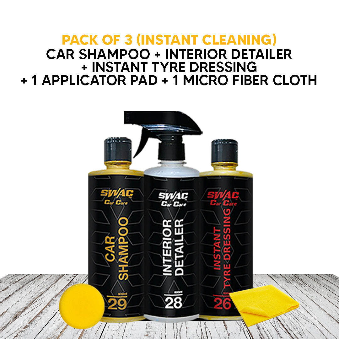 Pack of 3(Car Shampoo+Interior Detailer+Tyre Dressing+Applicator Pad+Micro Fiber Cloth)